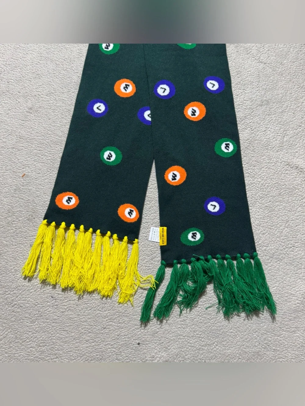 Wish Me Luck Scarf Adult OS All Over Pool Ball Pattern Knit Tassel Fringe Trim